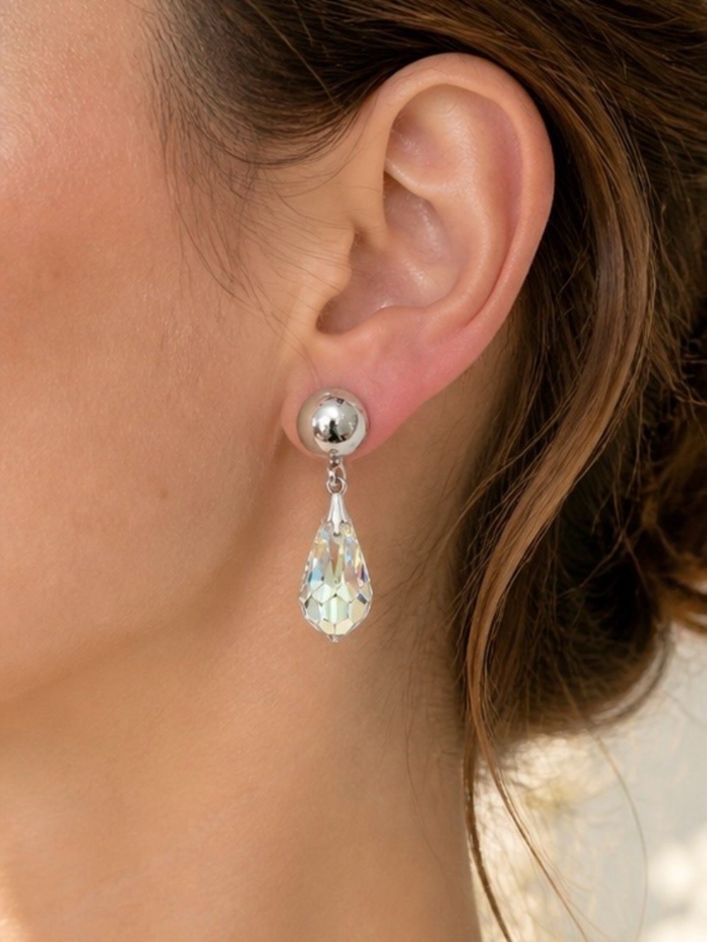 Coro Vintage AB Crystal Drop Earrings Screw Back Silver Tone Dangle